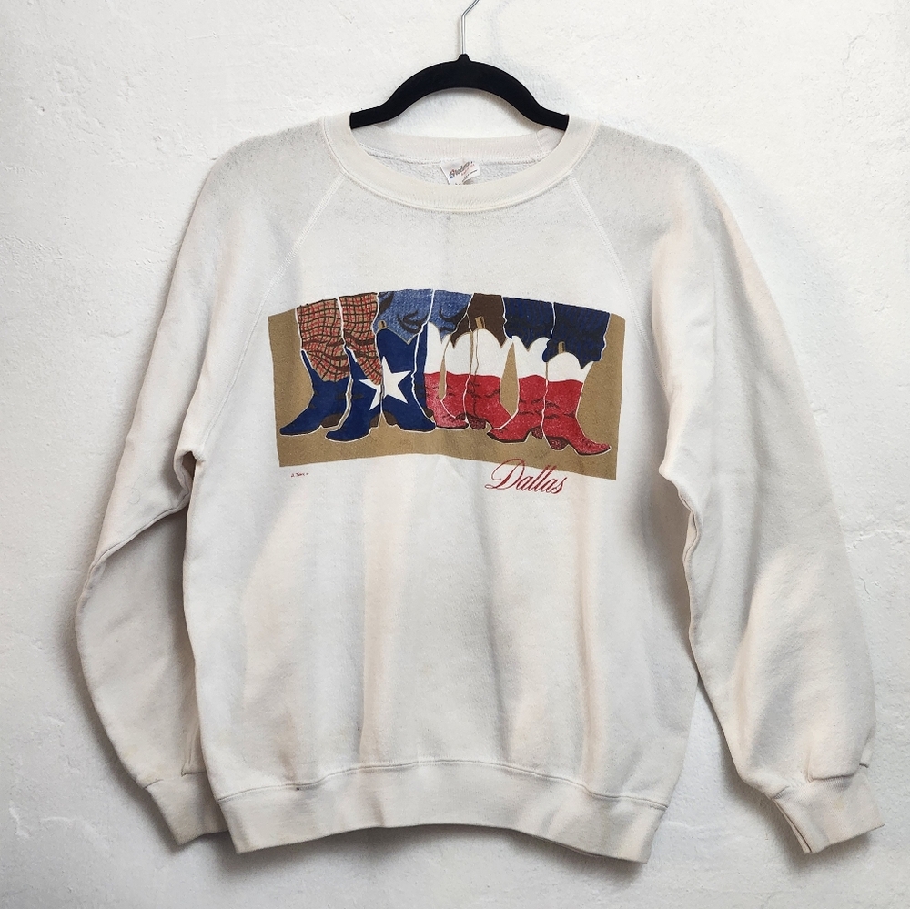 White crew neck pullover sweater jumper with Dallas cowboy boots design - Large